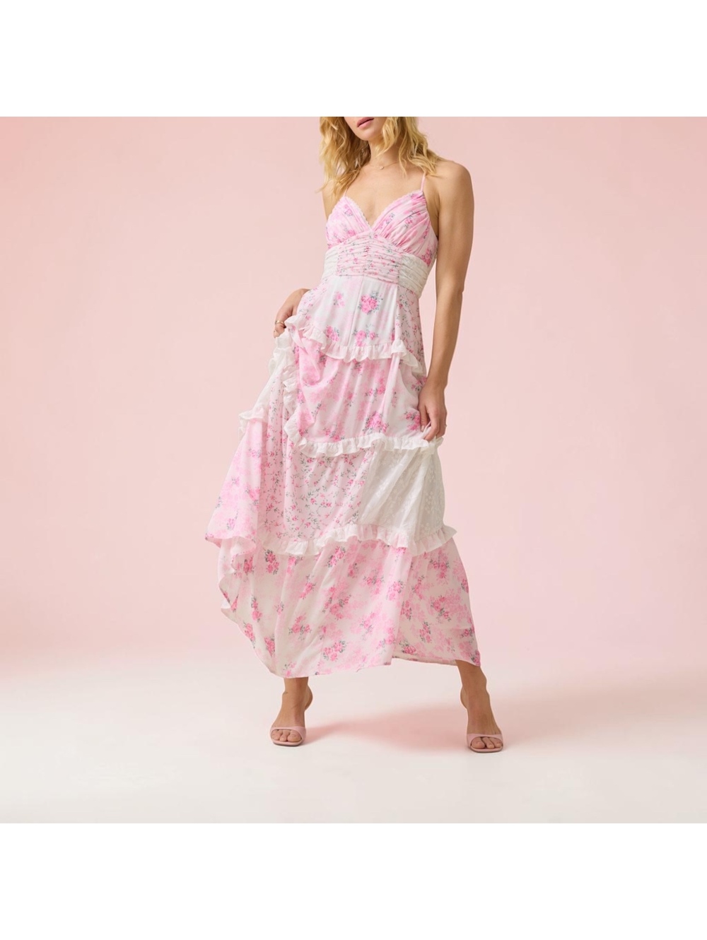 Altar'd State Pink Floral Patchwork Maxi Dress / Lace Trim Size S - Picture 10 of 10